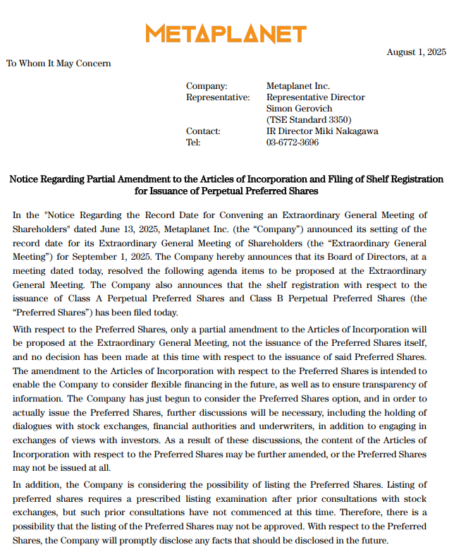 Metaplanet Notice regarding partial amendment to the article of incorporation and filing of shelf registration for Issuance of Perpetual preferred shares